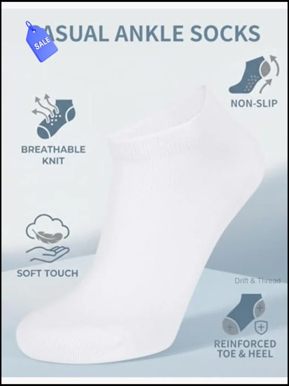Cotton Ankle Socks 5-Pack Non Slip Low Cut Men Women Athletic